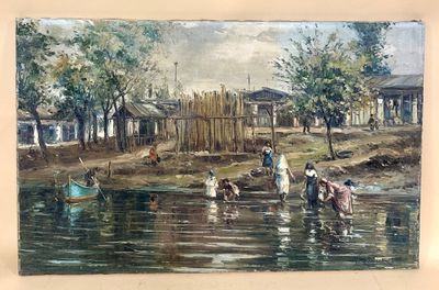 a painting of a village scene with people in the water