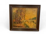 a painting of a tree in a field with a bridge in the background