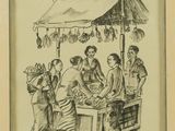 drawing of a group of people standing around a table under an umbrella