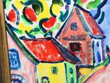 a picture of a painting of a house and a tree