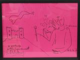 drawing of a woman sitting at a table in front of a pink wall