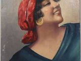 tableau représentant une femme portant un foulard rouge et des boucles d'oreilles en or