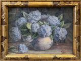 a painting of blue flowers in a vase on a table
