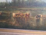a painting of cows drinking water from a pond