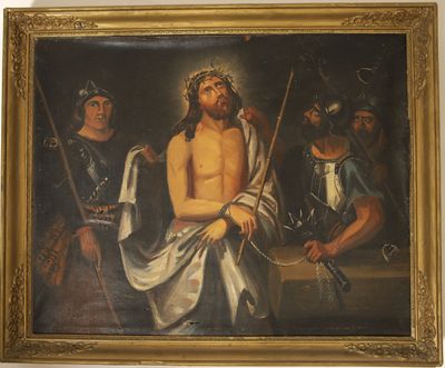 un tableau représentant Jésus assis sur la croix avec d'autres hommes