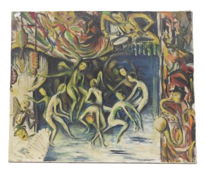 an image of a painting of a group of people in front of a building