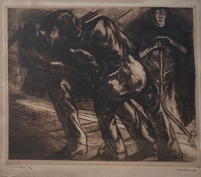 drawing of two horses pulling a cart with a man in the background