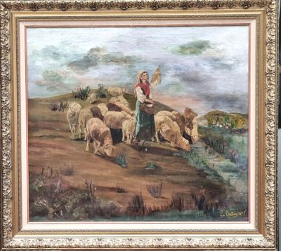 an oil painting of a woman tending to a flock of sheep