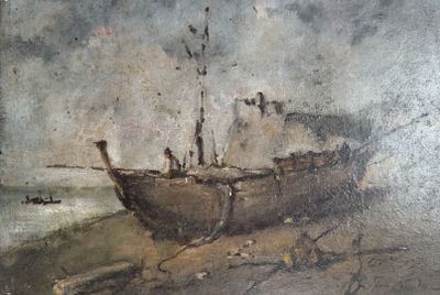 une peinture d'un bateau sur la plage au bord de l'eau