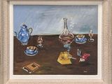 painting of a still life of a teapot, tea pot, and other items on a table