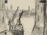 dessin représentant un bateau sur une rivière, avec un pont en arrière-plan
