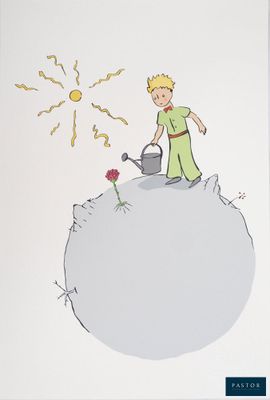 un dessin représentant un garçon en train d'arroser une fleur posée sur un rocher