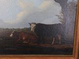 a painting of a cow and a calf in a field