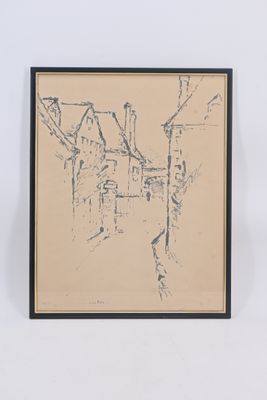 dessin représentant une maison en ville avec une horloge accrochée au mur