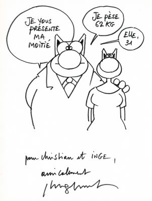 dessin humoristique représentant un homme et une femme avec des bulles de dialogue au-dessus de leurs têtes