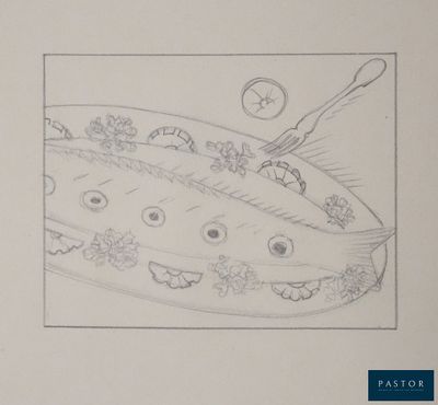 dessin représentant une assiette contenant un plat, avec une fourchette et une cuillère dessus