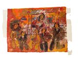 a painting of a group of people riding on a horse drawn carriage