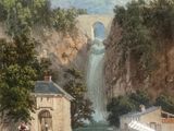 a painting of a man riding a horse near a waterfall