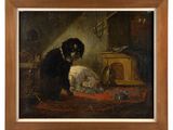 painting of a black and white dog sitting on a rug next to a dog
