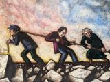 a painting of a group of people walking on a bridge
