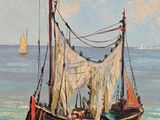 a painting of a boat on the beach by the water