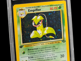 a close up of a pokemon card in a plastic case