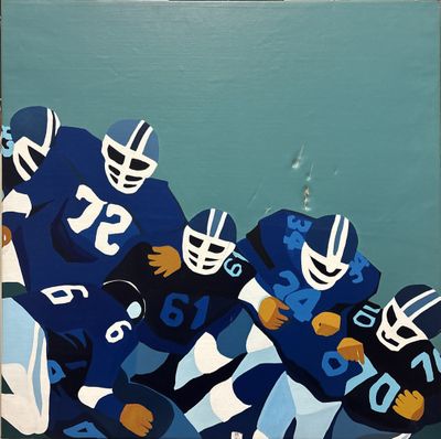 a painting of a group of football players on the field
