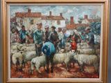 un tableau représentant un groupe de personnes avec des moutons