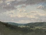 tableau représentant une vue sur une vallée, avec des arbres et des collines au loin