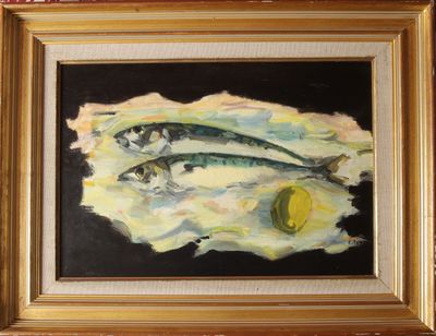 an oil painting of two fish on a piece of paper next to a lemon