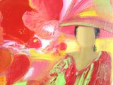 painting of a woman in a red hat with flowers in the background