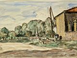 peinture représentant une scène de vie à la ferme avec une grange et un moulin à vent