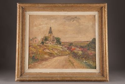 an oil painting of a road with a church in the distance