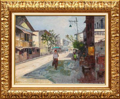 une peinture à l'huile représentant une femme marchant dans la rue avec un parapluie
