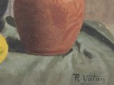 a painting of a vase and a lemon on a cloth
