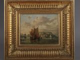 un tableau représentant un bateau sur un plan d'eau, avec un château en arrière-plan