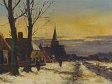 an oil painting of a snowy street with a church in the background