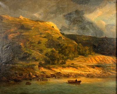 une peinture représentant un bateau dans un plan d'eau