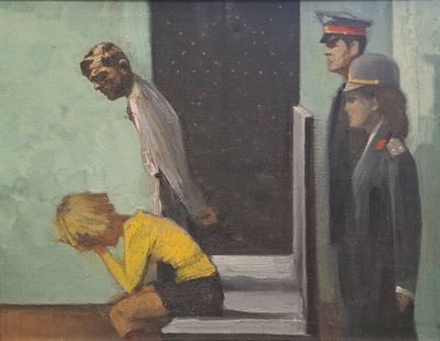 a painting of a man kneeling on the ground next to a woman