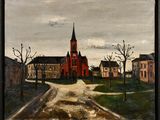 une peinture à l'huile représentant une église dans une ville, avec un chemin de terre devant