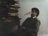 a painting of a man playing a flute in front of a stack of books