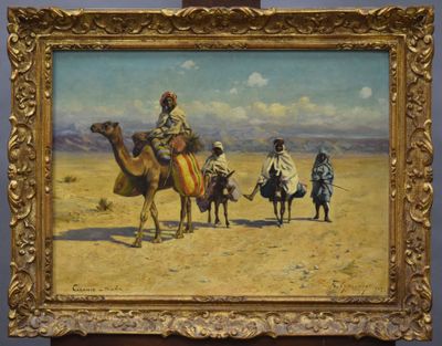an image of a painting of a man riding a camel in the desert