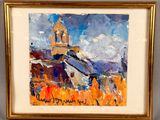 an oil painting of a church in a field with a sky background