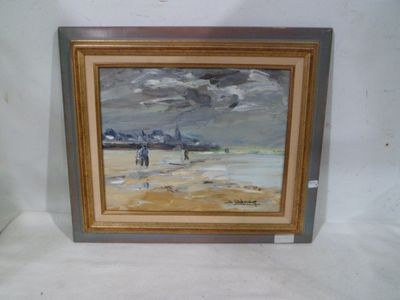 painting of a beach scene with people walking on the sand