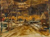 an oil painting of a snowy road with houses in the distance
