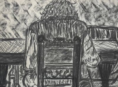 a drawing of a person sitting at a table