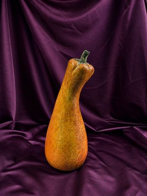 une courge orange et verte posée sur un tissu violet
