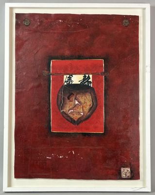 painting of a cat peeking out of a window on a red wall