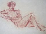 dessin représentant une femme assise sur une chaise, coiffée d'un chapeau