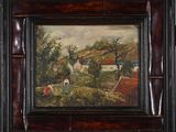 an oil painting of a farm scene in a wooden frame